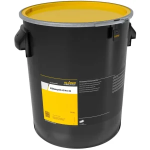 Black plastic lubricant drum with a yellow open lid and label on the side, used for industrial storage