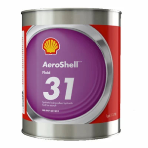 Metal can of Shell AeroShell Fluid 31 hydraulic fluid with purple label and red accents.