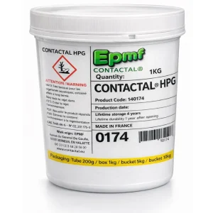 White plastic bucket labeled Contactal HPG pesticide with hazard symbol and yellow warning band, 1 kg capacity, Made in France.
