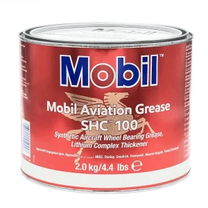 Red can labeled Mobil Aviation Grease SHC 100 with 2.0 kg (4.4 lbs) on the front, a synthetic aircraft wheel bearing grease product