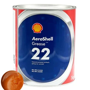 AeroShell Grease 22 can with blue label and an orange grease blob beside it, 3 kg container for aircraft use.