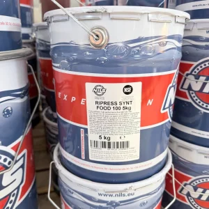 Blue and red 5 kg bucket labeled Ripress Synt Food 100 with NSF and NILS logos on display among similar containers.